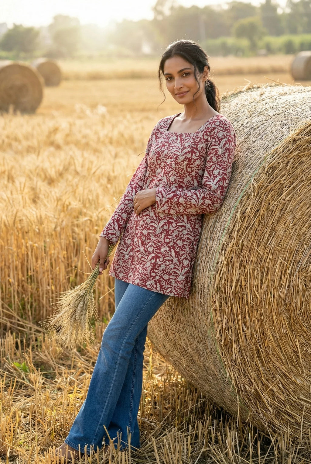 Red Floral Print Square Neck Full Sleeve Cotton Top for Women - SanskrutiHomes 