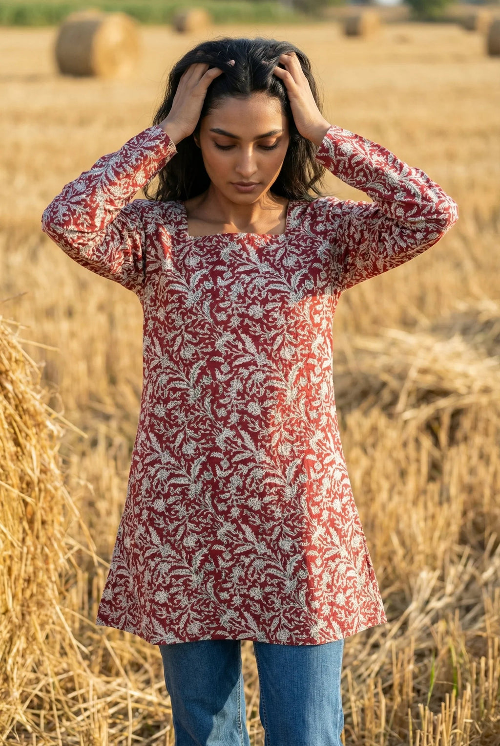 Red Floral Print Square Neck Full Sleeve Cotton Top for Women - SanskrutiHomes 