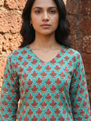Sea Green V-Neck Floral Print Cotton Top For Women
