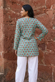 Sea Green V-Neck Floral Print Cotton Top For Women