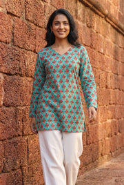 Sea Green V-Neck Floral Print Cotton Top For Women