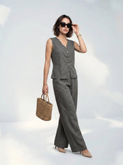 Grey V-Neck Solid Pure Cotton Top For Women