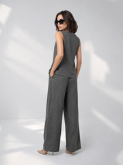 Grey V-Neck Solid Pure Cotton Top For Women