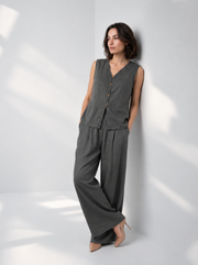 Grey V-Neck Solid Pure Cotton Top For Women