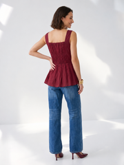 Red Solid Square Neck Sleeveless Top for Women
