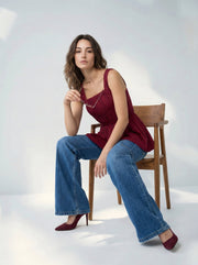 Red Solid Square Neck Sleeveless Top for Women