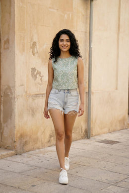Green Boat Neck Paisley Printed Cotton Top For Women