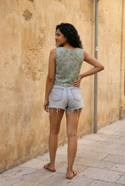 Green Boat Neck Paisley Printed Cotton Top For Women