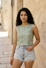 Green Boat Neck Paisley Printed Cotton Top For Women