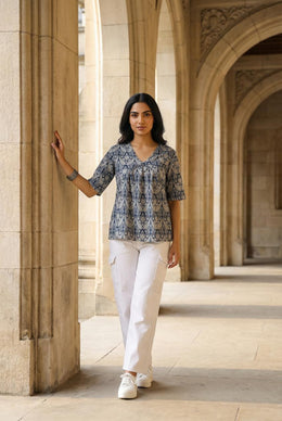 Navy Blue V-Neck Ethnic Motifs Print Pure Cotton Top For Women