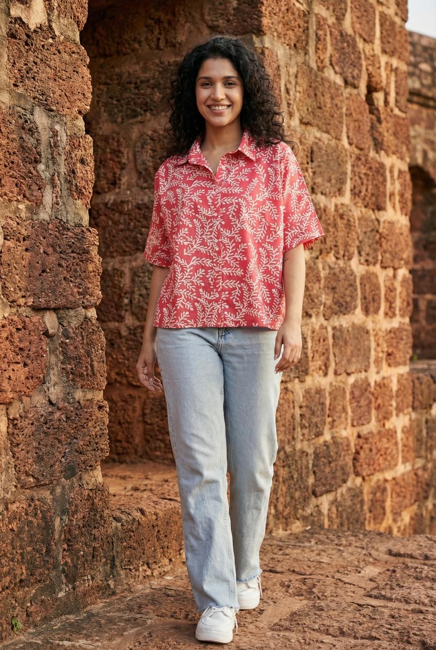 Pink Floral Print Shirt Collar Cotton Top For Women