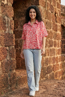 Pink Floral Print Shirt Collar Cotton Top For Women