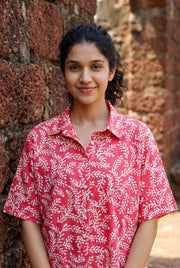 Pink Floral Print Shirt Collar Cotton Top For Women
