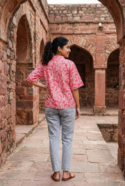 Pink Floral Print Shirt Collar Cotton Top For Women