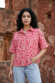 Pink Floral Print Shirt Collar Cotton Top For Women