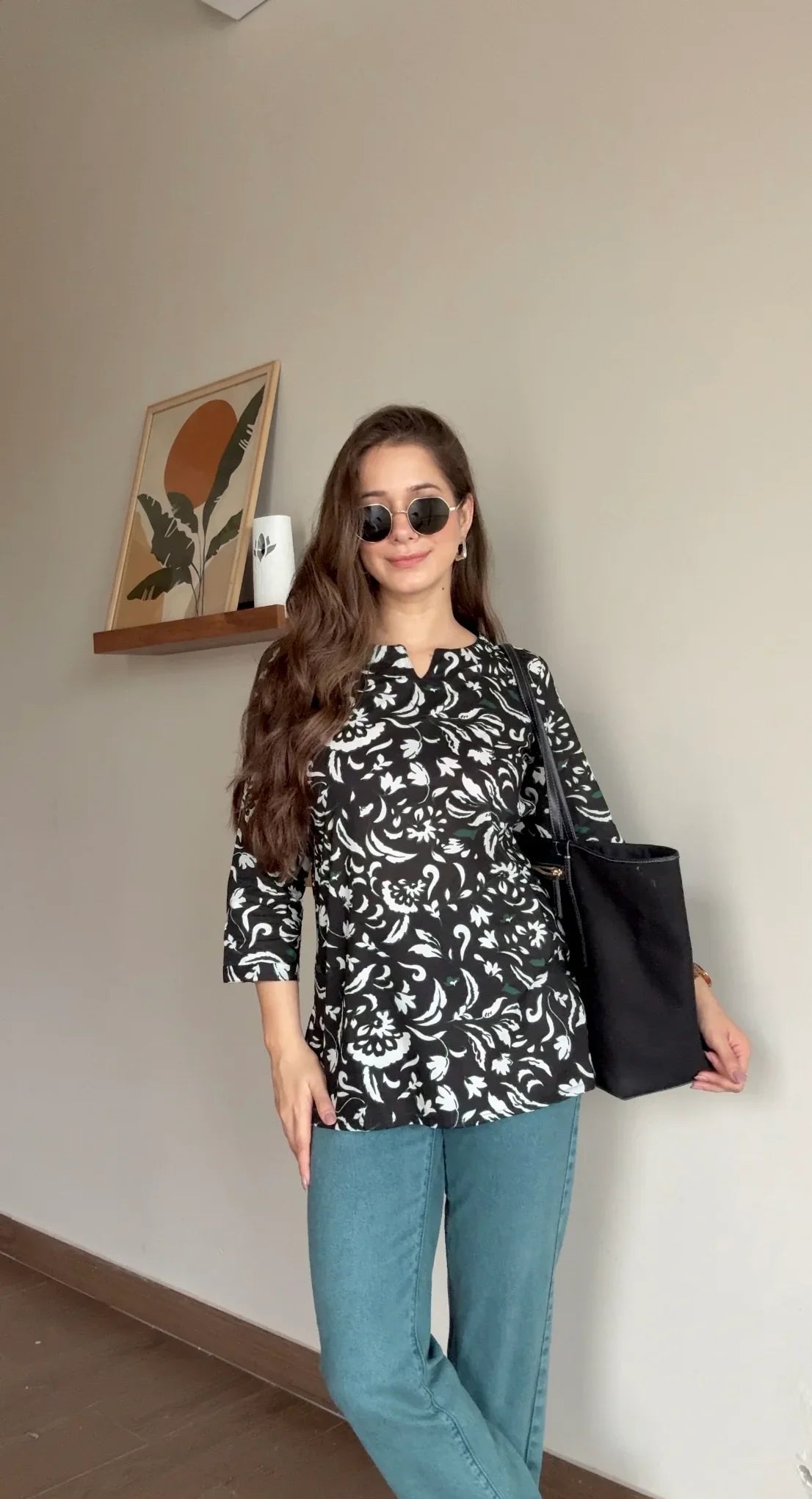 Black Floral Printed Round Neck Cotton Top for Women - SanskrutiHomes 