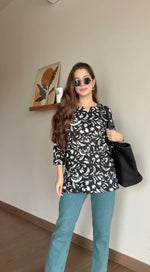 Black Floral Printed Round Neck Cotton Top for Women - SanskrutiHomes 