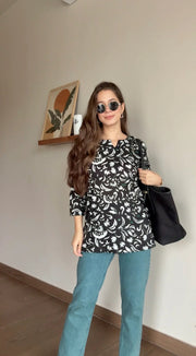 Black Floral Printed Round Neck Cotton Top for Women - SanskrutiHomes 