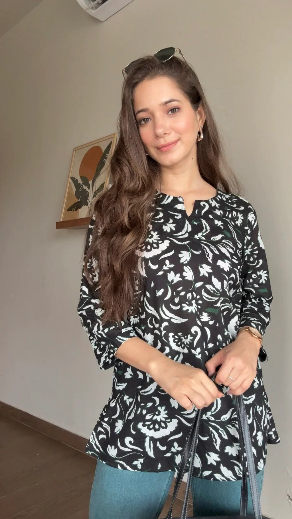 Black Floral Printed Round Neck Cotton Top for Women - SanskrutiHomes 