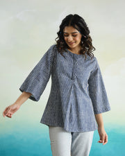 Blue Striped 3d Print Cotton Top For Women