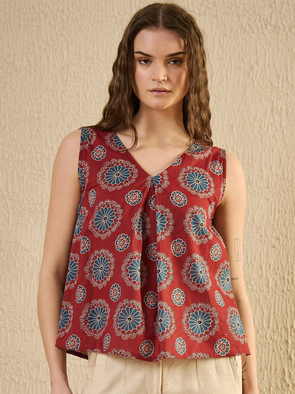 Red Ethnic Printed Top - SanskrutiHomes 