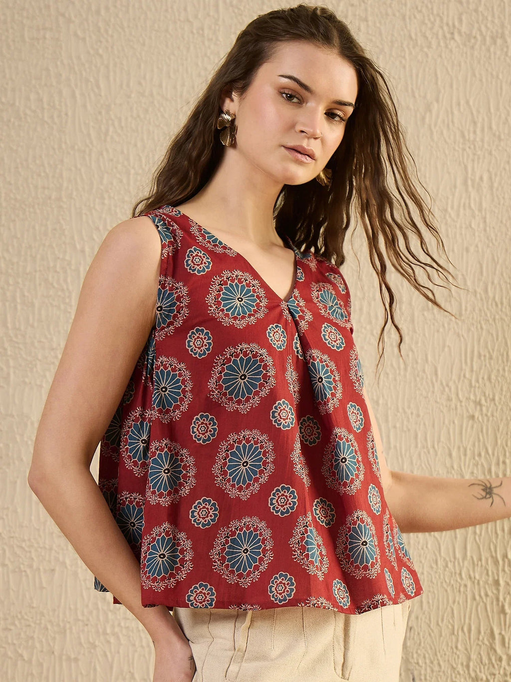Red Ethnic Printed Top - SanskrutiHomes 