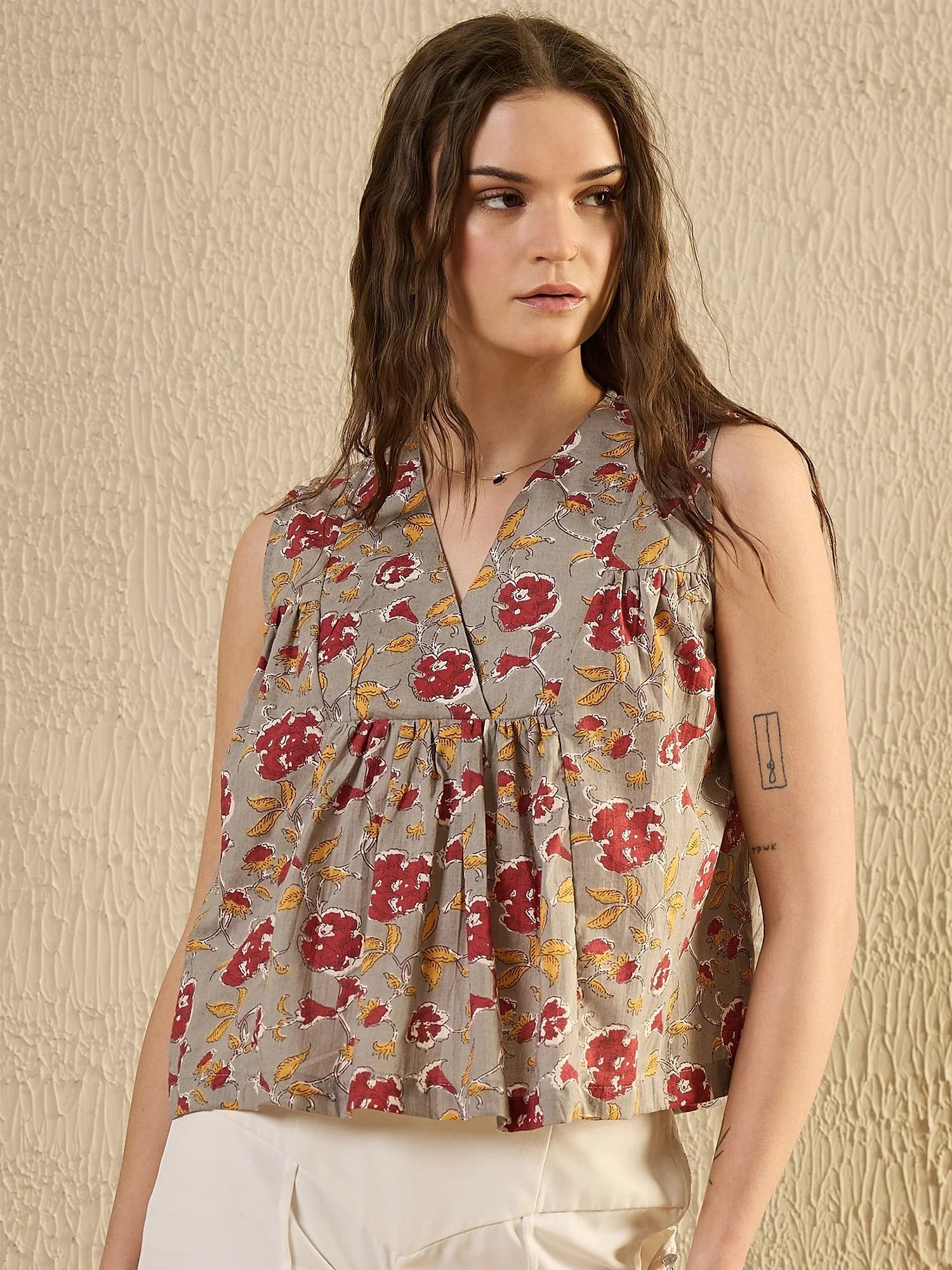 Grey Floral Printed Top for Women - SanskrutiHomes 