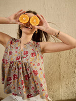 Grey Floral Printed Top for Women - SanskrutiHomes 