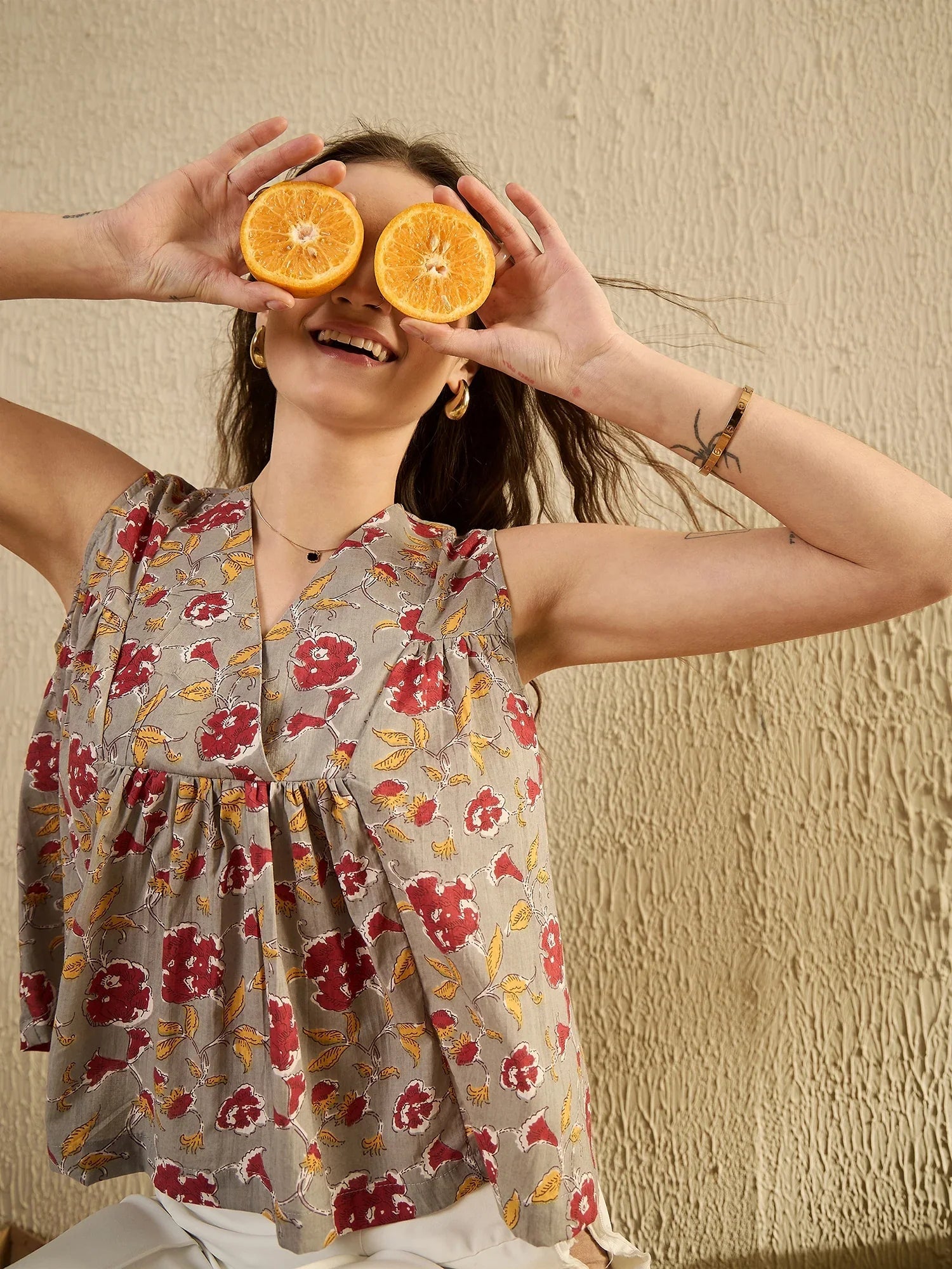 Grey Floral Printed Top for Women - SanskrutiHomes 