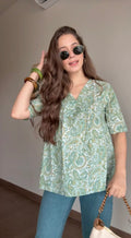 Green Flower Printed Cotton Half Sleeve Top for Women - SanskrutiHomes 