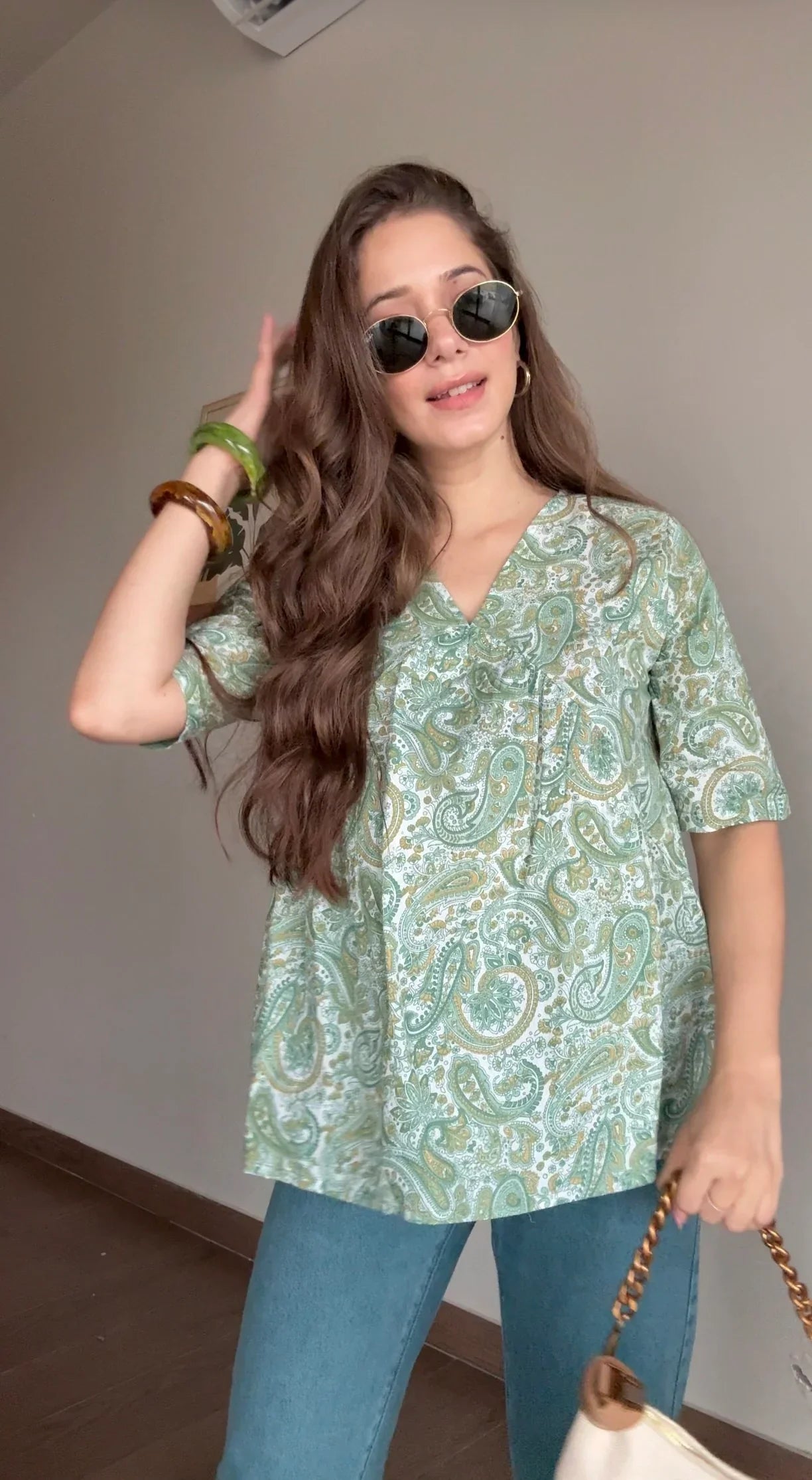 Green Flower Printed Cotton Half Sleeve Top for Women - SanskrutiHomes 