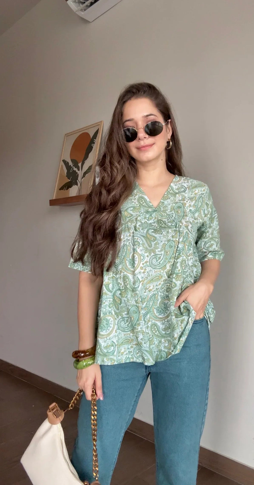 Green Flower Printed Cotton Half Sleeve Top for Women - SanskrutiHomes 