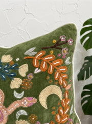 Olive Velvet Square Nature-Inspired Embroidered Cushion Cover