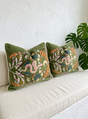 Olive Velvet Square Nature-Inspired Embroidered Cushion Cover