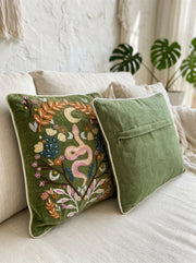 Olive Velvet Square Nature-Inspired Embroidered Cushion Cover