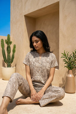 Beige Round Neck Geometric Print Pure Cotton Night Suit For Women