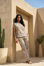Beige Round Neck Geometric Print Pure Cotton Night Suit For Women