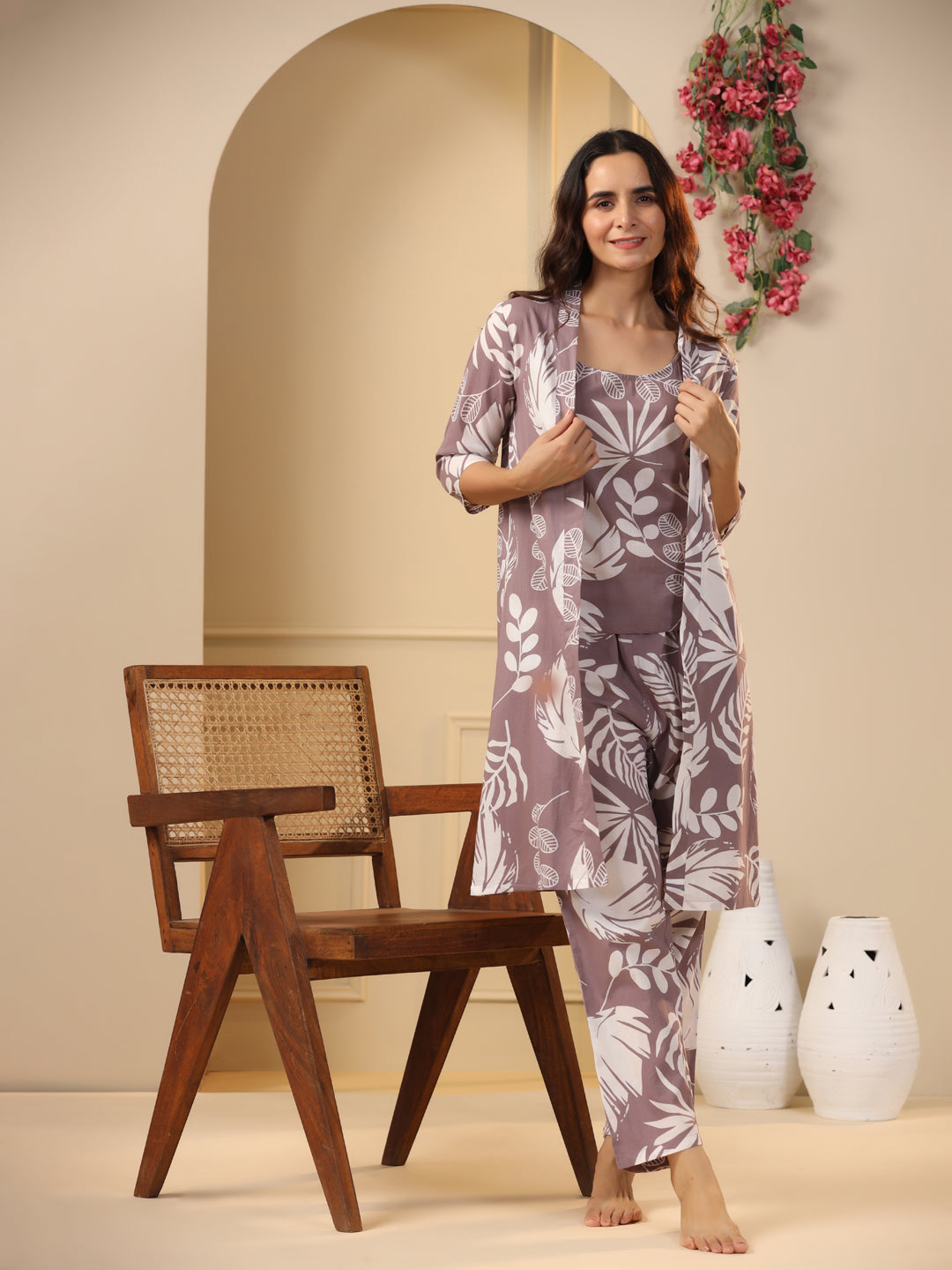 Lilac Cotton Printed 3 Peice Night Suit Set With Pyjama