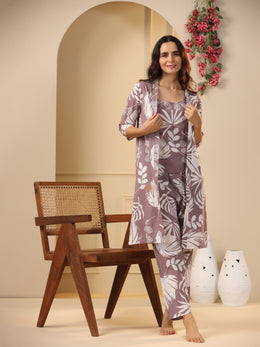 Lilac Cotton Printed 3 Peice Night Suit Set With Pyjama
