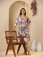 Lilac Cotton Printed 3 Peice Night Suit Set With Pyjama