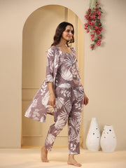 Lilac Cotton Printed 3 Peice Night Suit Set With Pyjama