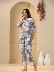 Grey Cotton Printed Night Suit Set With Pajama