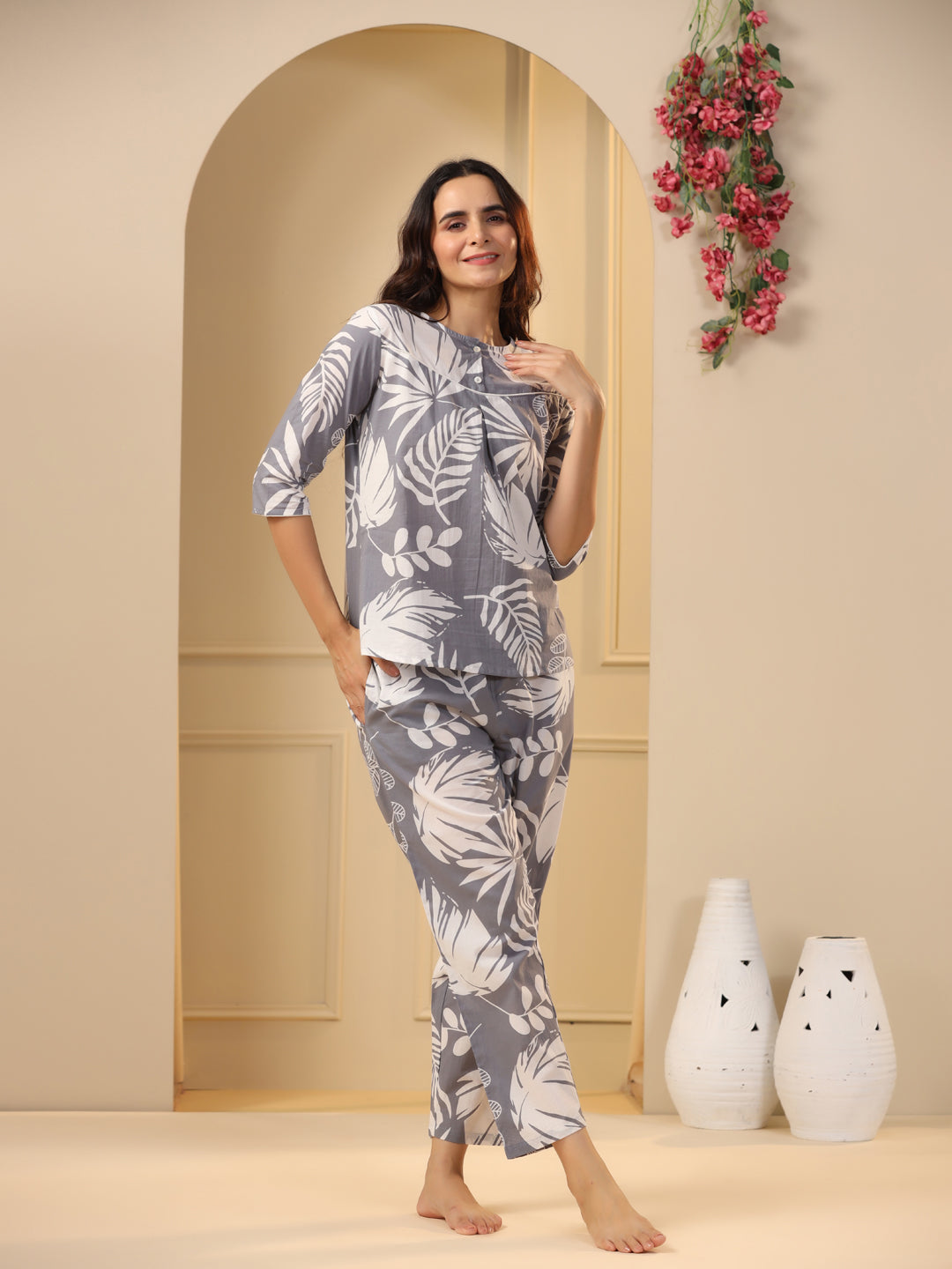 Grey Cotton Printed Night Suit Set With Pajama