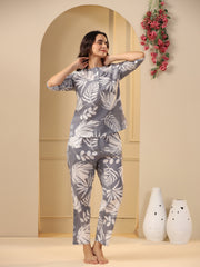 Grey Cotton Printed Night Suit Set With Pajama