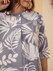 Grey Cotton Printed Night Suit Set With Pajama