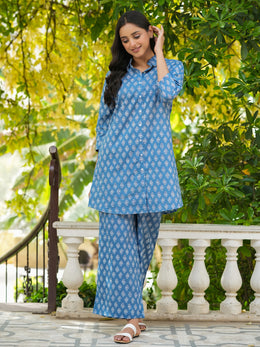 Azure Blue Printed Pure Cotton Night Suit For Women