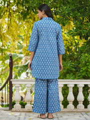 Azure Blue Printed Pure Cotton Night Suit For Women