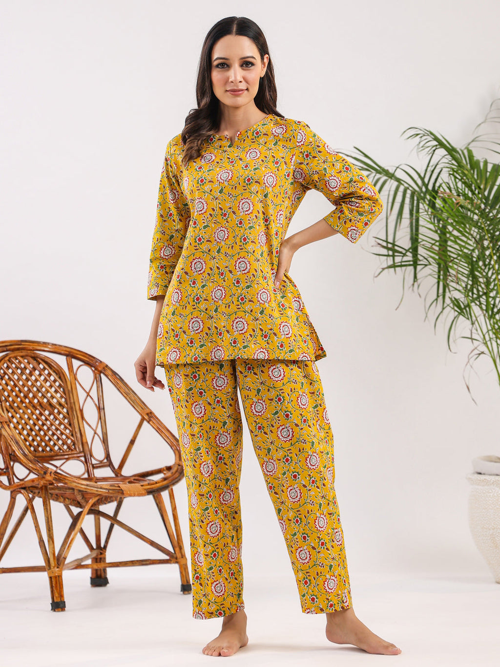 Yellow Acanthus Print Cotton Night Suit