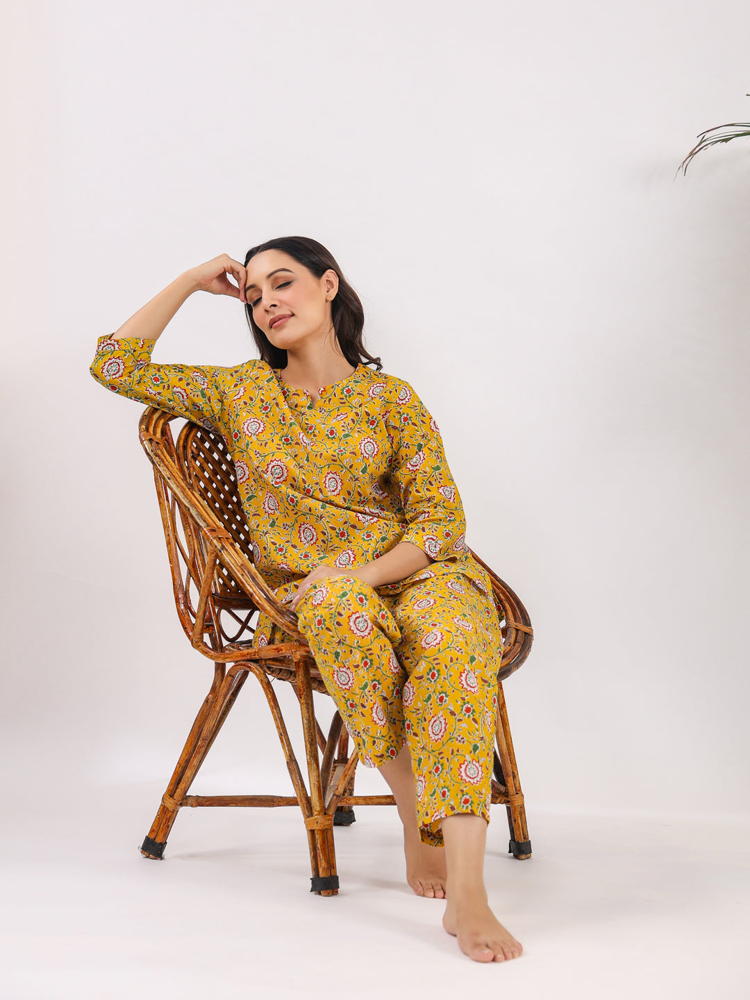 Yellow Acanthus Print Cotton Night Suit