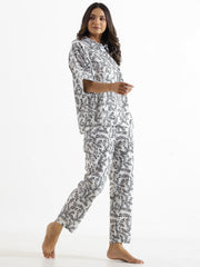 Black & White Shirt Collar Pure Cotton Night Suit Set For Women